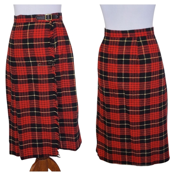 Vintage Red Black Tartan Plaid Skirt with Side Fringe - Picture 1 of 12